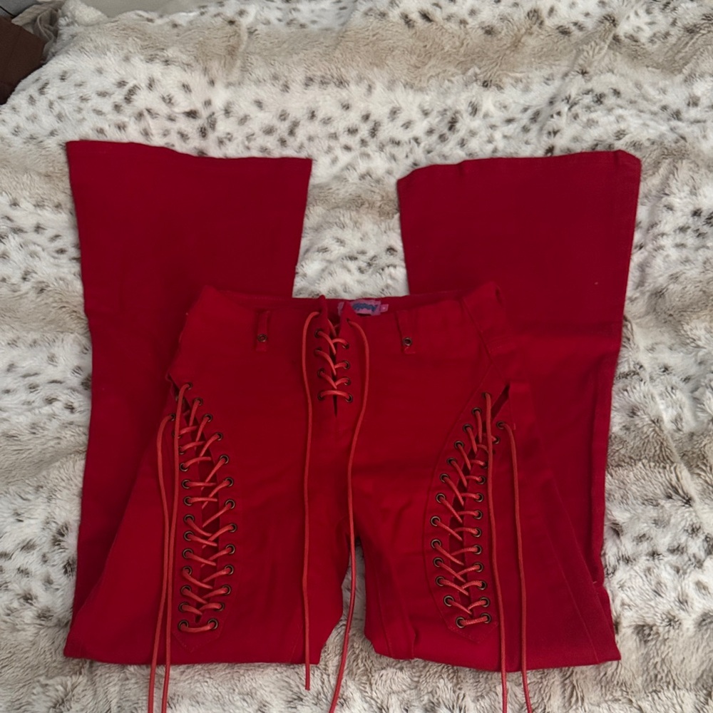 Edikted Red Lace-Up Flare Jeans